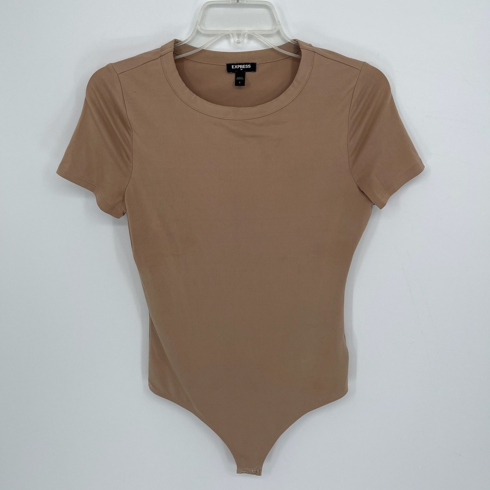 Express Women's Tan Short Sleeve Crew Neck Stretch Shaping Top Bodysuit‎ Size S